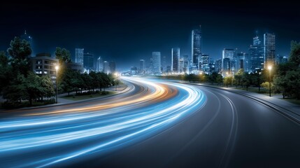 Aufkleber - futuristic city skyline at night with glowing light trails showing urban movement, city speed and sm