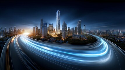 Aufkleber - aerial view of futuristic city with glowing light stream through skyscrapers at night symbolizing sm