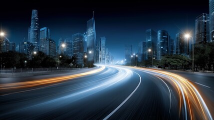 Aufkleber - futuristic city skyline at night with glowing light trails showing urban movement, city speed and sm