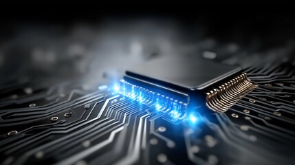 Leinwandbilder - Glowing microchip on detailed motherboard representing futuristic processor technology, digital circuits and modern electronic innovation, Generative AI