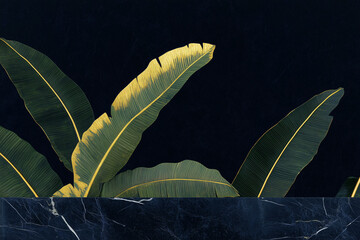 Poster - Abstract tropical plant leaves with striking, dark backdrop, the gold accents add elegance