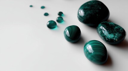 Poster - Malachite Stones Arranged in a Minimalist Display on a White Background Showcasing Natural Beauty