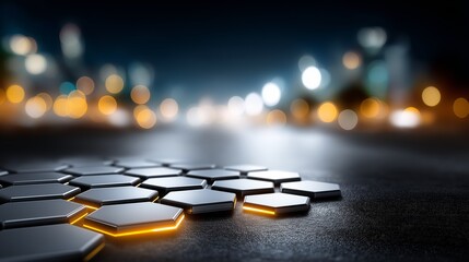 Poster - Night city scene with glowing hexagonal pavement elements representing modern urban technology, design innovation and future street concepts, Generative AI