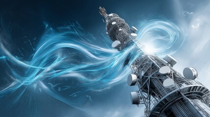 Aufkleber - Futuristic telecom tower with flowing blue light waves representing high-speed wireless connectivity and mobile signal transmission, Generative AI
