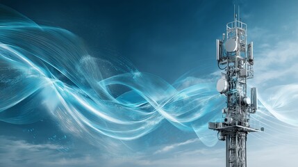 Aufkleber - Futuristic telecom tower with flowing blue light waves representing high-speed wireless connectivity and mobile signal transmission, Generative AI