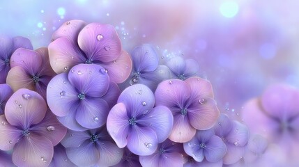 Poster - Beautiful Seamless Pattern of Hydrangea Flowers in Soft Colors With Sparkling Raindrops
