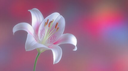Poster - Beautiful White Lily Flower With Stem Set Against Vibrant Neon Background