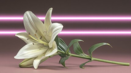 Poster - White Lily With Green Stem on a Vibrant Neon Background Showcasing Floral Beauty