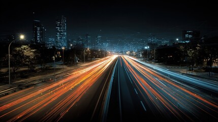Poster - Nighttime City Highway with Light Trails from Passing Vehicles