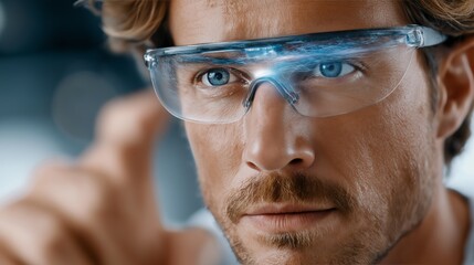 Poster - Man concentrating through augmented reality smart glasses with digital interface for futuristic immersive control and data display, Generative AI