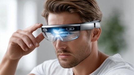 Poster - Man concentrating through augmented reality smart glasses with digital interface for futuristic immersive control and data display, Generative AI