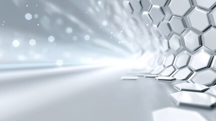 Aufkleber - Futuristic white hexagonal wall with glowing digital surface and soft light rays in modern abstract technology background, Generative AI