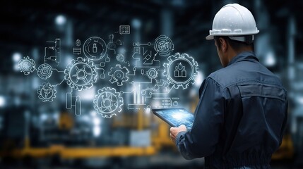 Poster - Supervisor in Neon Industrial Factory with Smart Technology Display