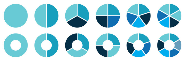 Poster - Pie chart set, segmented circle icons. Circle pie chart diagram. Circle section graph. Pie chart divided 1,2,3,4,5,6,7,8,9,10,11,12 equal parts. Circle division infographic icon set.