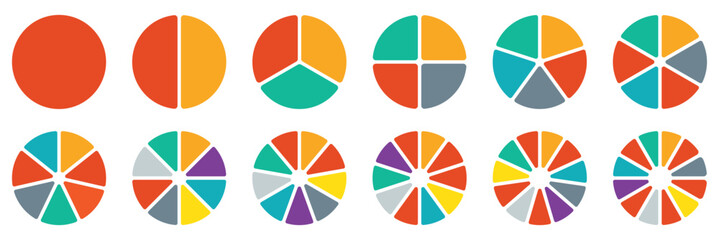Poster - Pie chart set, segmented circle icons. Circle pie chart diagram. Circle section graph. Pie chart divided 1,2,3,4,5,6,7,8,9,10,11,12 equal parts. Circle division infographic icon set.