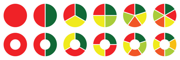 Poster - Pie chart set, segmented circle icons. Circle pie chart diagram. Circle section graph. Pie chart divided 1,2,3,4,5,6,7,8,9,10,11,12 equal parts. Circle division infographic icon set.