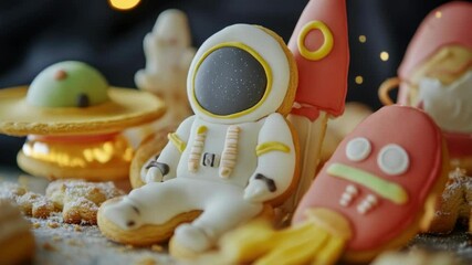 Poster - Close-up shot of a cookie featuring an astronaut design, great for food, travel or space-themed projects