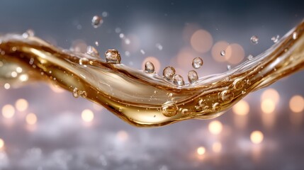 Poster - stream of golden liquid cascades through the air, creating a mesmerizing display of droplets that catch the light beautifully in a dimly lit setting