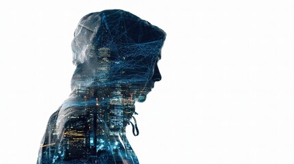 Poster - Cybersecurity Expert Silhouette with Data Overlay and Technology Elements