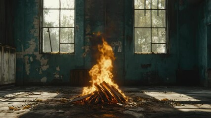 Poster - Fire engulfs old building with numerous windows, potential for interior shots