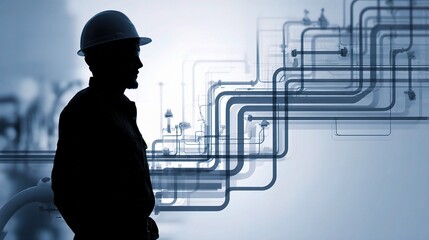 Poster - Engineer Silhouette with Flowchart Overlay in Pipeline Concept