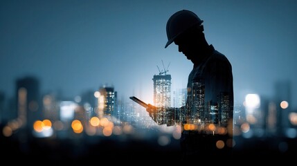 Poster - Silhouette of Foreman with Tablet in Urban Construction Scene