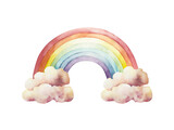 Watercolor hand drawn rainbow with Summer air clouds. Magical clipart isolated on background, cartoon transparent png illustration. Baby shower greeting cards or childish birthday invitation. Pony for