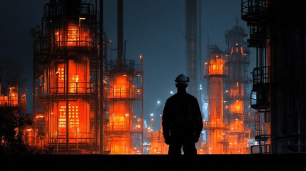 Poster - Silhouette of Operator at Gas Plant with Control Systems and Alerts