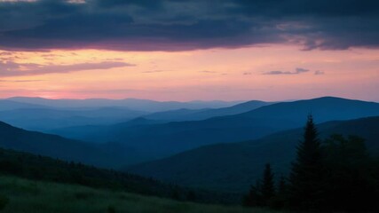 Poster - Sunset landscape with mountain range in the background