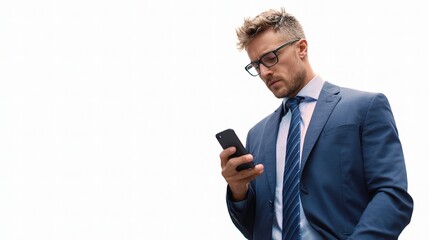 Poster - Stockbroker Checking Market Data on Phone with White Background