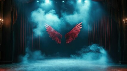 Poster - A performance stage filled with smoke and a bright red wing, ideal for representing the arts or drama
