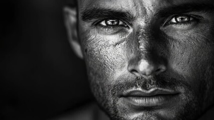 Aufkleber - A close-up shot of a man's face in black and white, suitable for editorial or commercial use