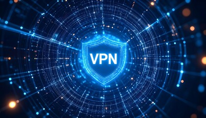 Poster - Futuristic VPN shield icon glowing with network grid, symbolizing secure online connections. Great for cybersecurity, technology, and data protection themes.
