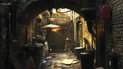 Poster - A narrow urban alley with trash cans and umbrellas, suitable for city or commercial use
