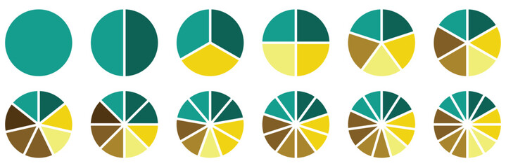Poster - Circle pie chart diagram. 1,2,3,4,5,6,7,8,9,10, sections or steps. Flat process cycle. Progress sectors. Colorful diagram collection with, 1 to 12 sections. 