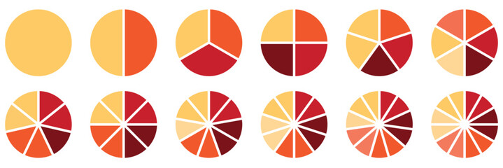 Poster - Circle pie chart diagram. 1,2,3,4,5,6,7,8,9,10, sections or steps. Flat process cycle. Progress sectors. Colorful diagram collection with, 1 to 12 sections. 