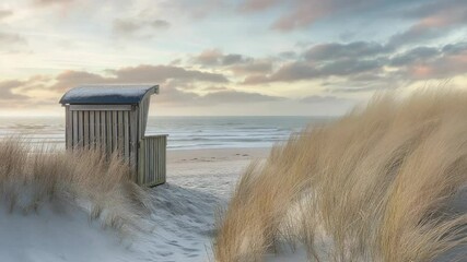 Poster - Cozy beach hut situated on the sand, perfect for relaxation and enjoying the ocean views