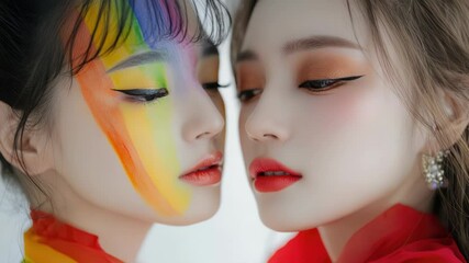 Poster - Two friends with colorful face paint applying designs to each other's faces