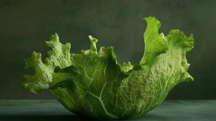 Poster - A close-up shot of a crunchy lettuce leaf on a wooden table