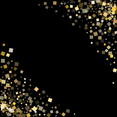 Wall Mural - Glowing gold square confetti tinsels falling on black. Chic Christmas vector sequins background. Gold foil confetti party elements illustration. Square pieces invitation backdrop.