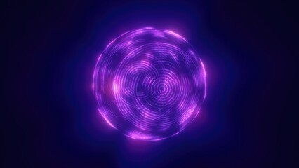 Poster - A glowing purple sphere with intricate neon-like patterns floating in a dark background, resembling futuristic technology or abstract digital art