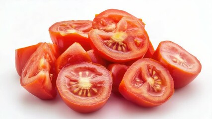 Poster - Freshly cut tomatoes arranged neatly on a clean white background