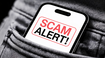 Poster - Smartphone in pocket displays scam alert warning, highlighting online fraud and security risk, emphasizing digital safety
