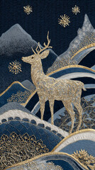 Aufkleber - Gold deer in ornate blue mountain landscape, snowflakes, textured art print, elegant and serene winter scene, ideal for home decor or holiday