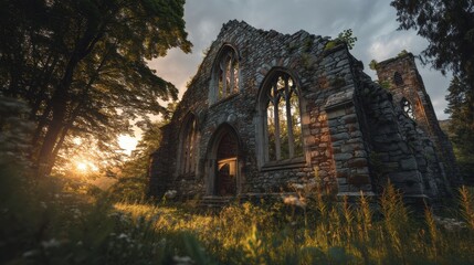 Aufkleber - Abandoned Stone Church Ruins at Sunset, Representing Historical Preservation and Architectural Heritage, Ideal for Travel and Tourism Campaigns : Generative AI