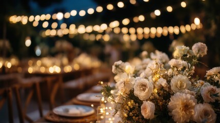 Poster - Elegant Wedding Table Setting With White Flowers and String Lights at Night, Representing Celebration and Event Planning : Generative AI