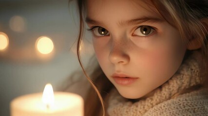 Poster - A little girl holds a lit candle in front of her face, creating a mysterious and contemplative atmosphere