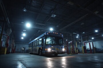 Poster - City Bus Parked Inside a Large Garage at Night, Showcasing Urban Transportation and Infrastructure Maintenance : Generative AI