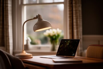 Poster - Laptop on Wooden Desk With Lamp and Flowers, Representing Remote Work and Digital Lifestyle, Ideal for Productivity and Focus : Generative AI