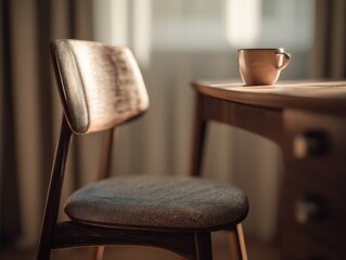 Poster - Coffee Cup on Wooden Desk With Chair in Warm Light, Representing Home Office Comfort and Relaxation for Remote Work : Generative AI